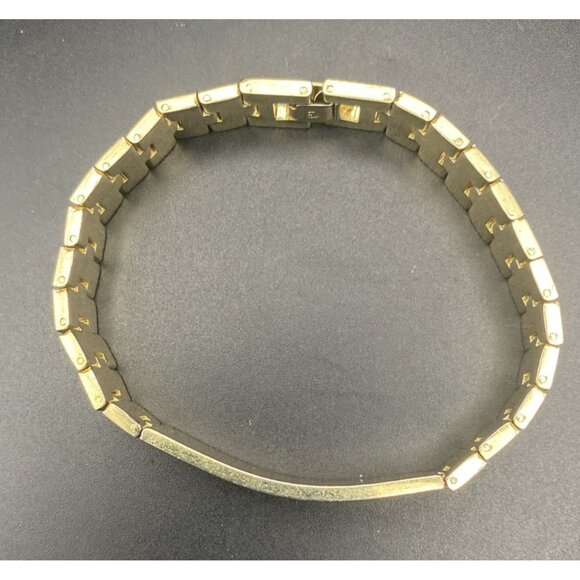 Vintage Gold Plated Link ID Bracelet Etched Fish Floral Signed LC Unisex 7.5x.5" - Picture 9 of 14